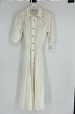 Vtg D Frank Western A line Button Front White  Cord Embellish Maxi Dress  14