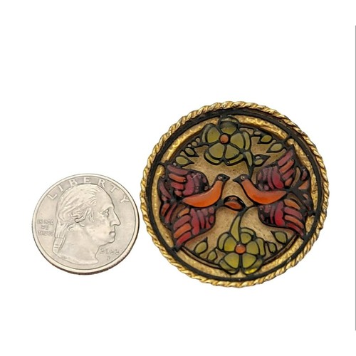 Gold Tone Faux Plique A Jour Overlay Shadow Box Features Round Brooch, K158 - Picture 8 of 10