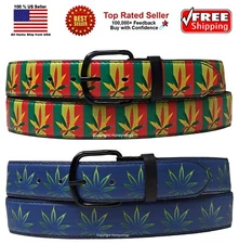 Marijuana Weed Potleaf Rasta Reggae Bonded Leather Belt Golf Baseball Softball