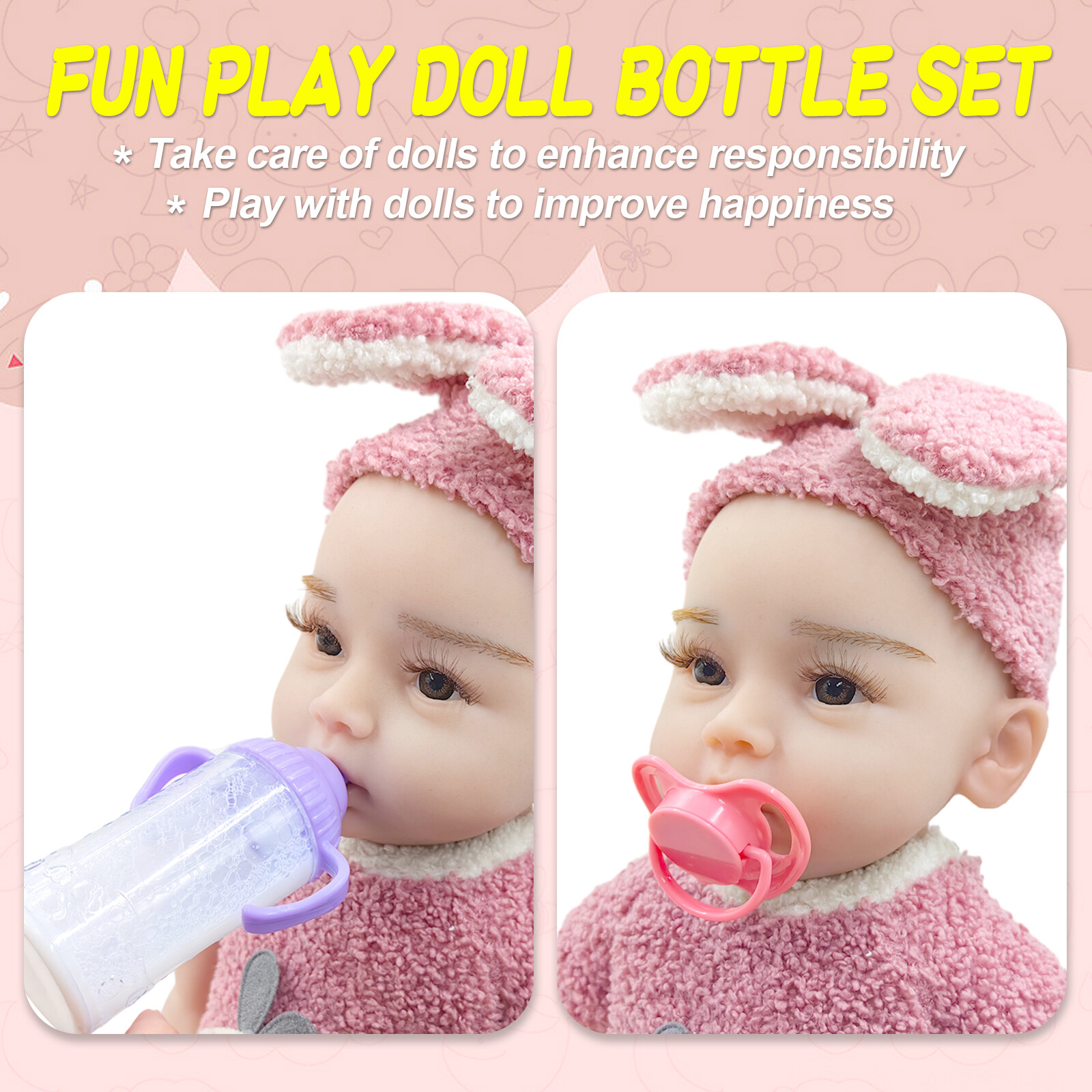 COSDOLL Baby Doll Magic Bottles - 1 Milk+1 Juice Bottle W/Pacifier for Doll Gift