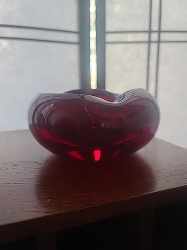 Vintage MCM Glass Ashtray Round Ruby Red Glass Mid Century Hand Blown 5 Inch 60s