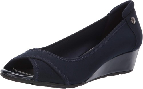 ANNE KLEIN Women's Corder Peep Toe Wedge Pump US 5 Navy
