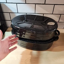 Vintage LISK Black Granite Ware Enamel 13" Roaster Pan W/Lid Turkey Ham