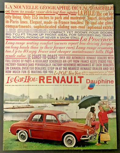 Red 1959 Renault Dauphine - Vintage Original Automotive Color Print Ad Wall Art