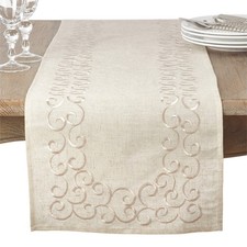 Swirling Collection Embroidered Design Linen Blend Table Runner, 16" x 120", ...