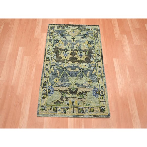 2'2"x3'4" Green Broken Zoroastrian Inspired Hand Knotted All Wool Mat Rug G75690 - Picture 2 of 5