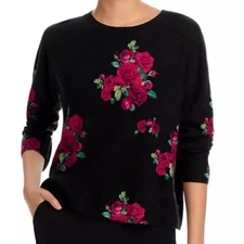 C by Bloomingdale's Cashmere Floral Bouquet Crewneck Sweater Size S in Black Red