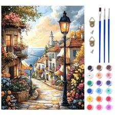 Street Scene Paint by Numbers Kit for Adults, Coastal Town Acrylic Paint by Numb