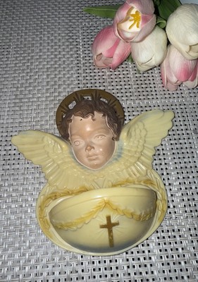 VINTAGE Catholic Holy Water Wall Font Angel Wings Halo Cross Ivory Plastic 3-D