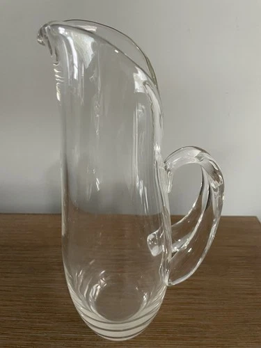 Signed Steuben MCM Art Glass Crystal Martini 10” Pitcher w/ Split Handle