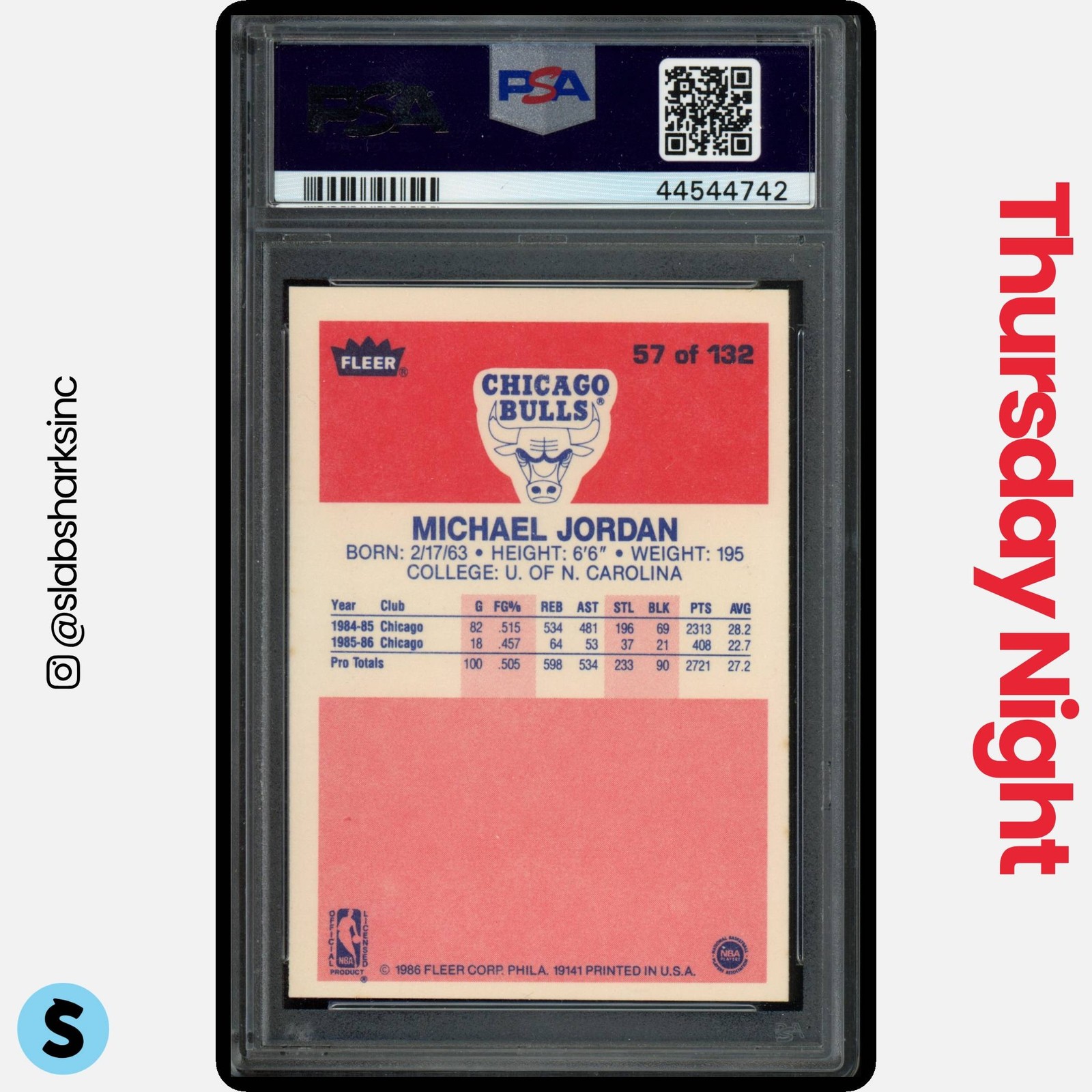 1986 FLEER #57 MICHAEL JORDAN RC ROOKIE PSA 5 view 2