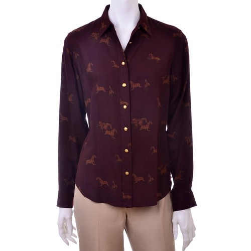 Ralph Lauren Equestrian Horses Shirt Cordovan Burgundy P Petite Rayon Wool - Picture 2 of 12