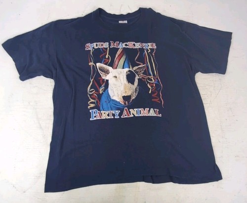 Vintage 80s Spuds Mackenzie "Party Animal" Single Stick T-Shirt Navy - Size XL