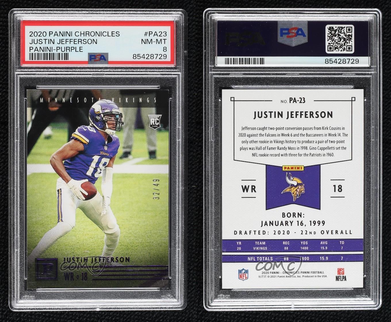 2020 Chronicles Panini Purple 32/49 Justin Jefferson #PA-23 PSA 8 Rookie RC view 3