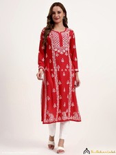 Red Rayon Chikankari Kurta for Women, Lucknowi chikan Hand-Embroidered Kurti