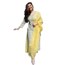 GoSriKi Women's Cotton Blend Printed Straight Kurta with Pant & Dupatta