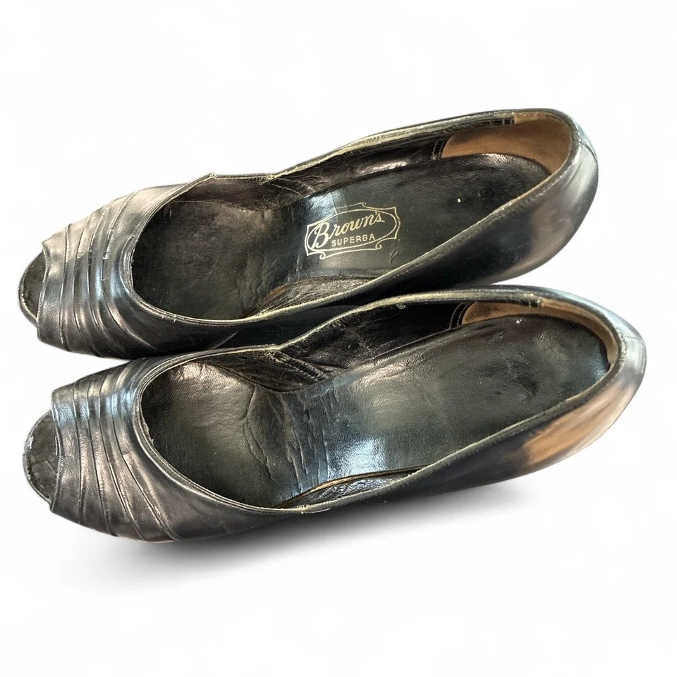 1950s Vintage Black Peep Toe Leather Women's Heels Size 9 .5 Made in USA - Image 4 of 4