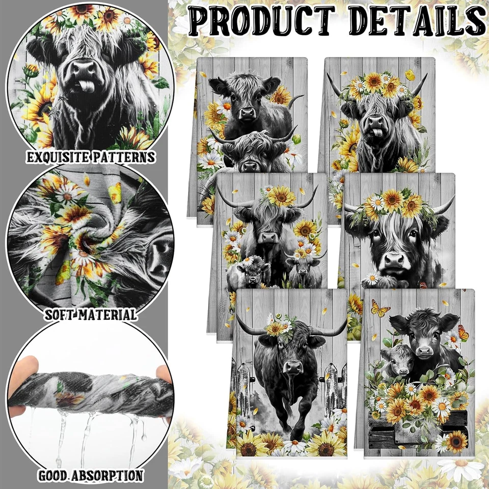 6 Pcs Highland Cow Kitchen Towels Highland Cow Themed Dish Towels Seasonal Cute - Image 3 of 4
