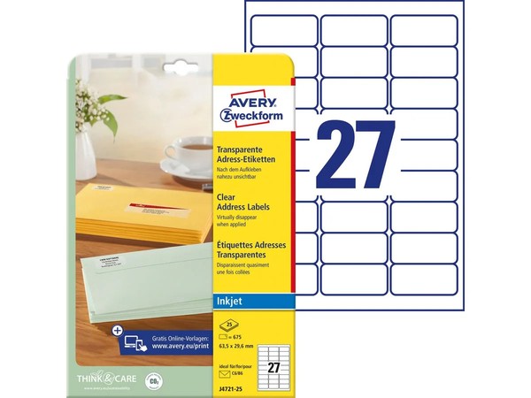 Avery Zweckform Transparente Adress-Etiketten, 63,5 X 29,6Mm 1 Bis 20X Spare 21%-image