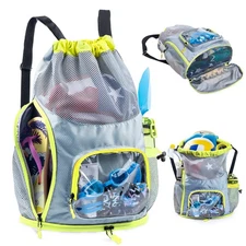 Drawstring Backpack Sandproof Mesh Beach Bag Shoe Compartment Swim Pool