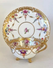Wolfsohn Dresden Tea Cup & Saucer, Footed, Richly Gilded