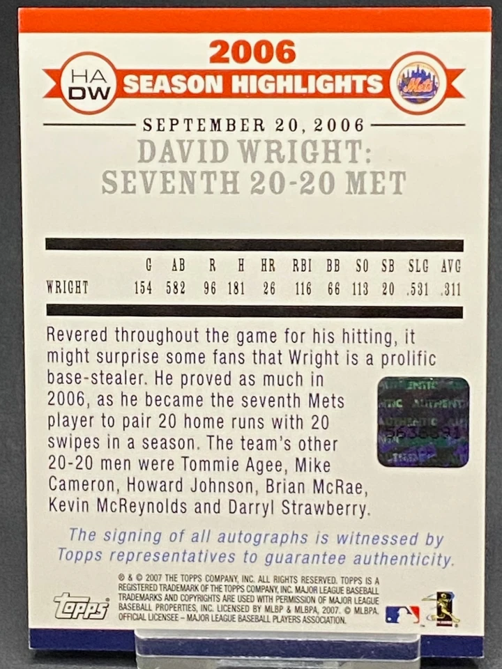 2007 TOPPS 2006 HIGHLIGHTS AUTO DAVID WRIGHT METS - Image 2 of 2