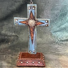 Rustic Turquoise Hanging Cross   Western Christian Decor w/ Concho  Studs 8.5  