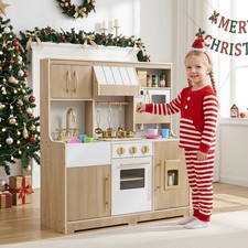 Wooden Play Kitchen for Kids Toddlers w/ Realistic Lights, Sounds, Storage, Sink