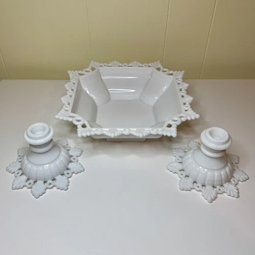 Westmoreland 'Ring and Petal' Milk Glass Square Bowl and Matching Candlesticks