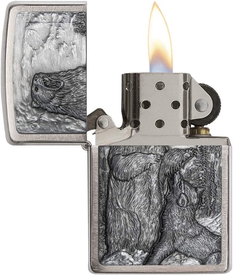 Zippo Bear vs Wolf Emblem Design Brushed Chrome 29636