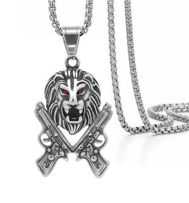 Tioneer  Lion Hip Hop Lion Two Guns Steel Pendant 24 inch Box Chain