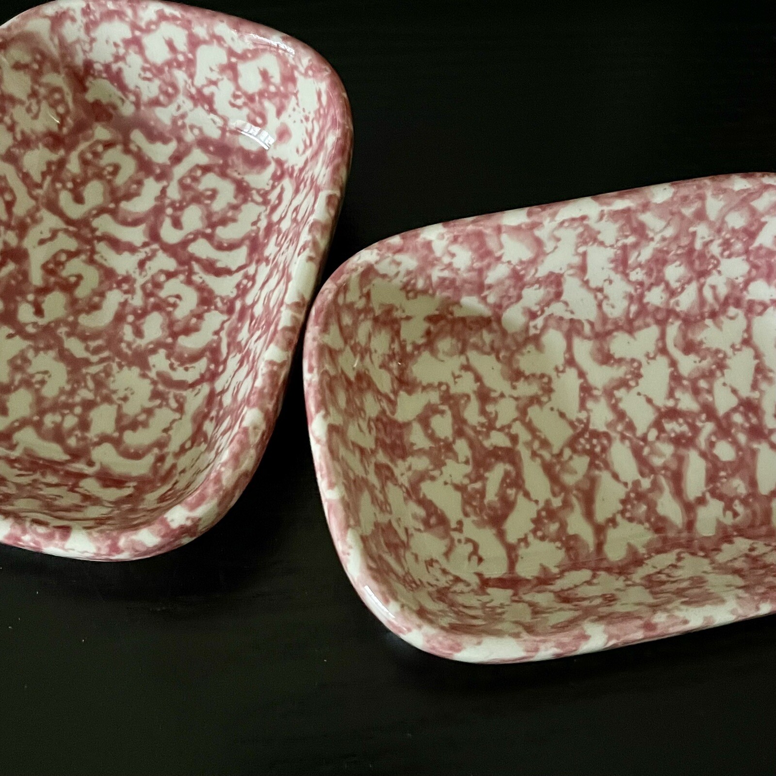 2 Vintage BTC Henn Pottery USA Red Spongeware Relish Dish Snack Soap
