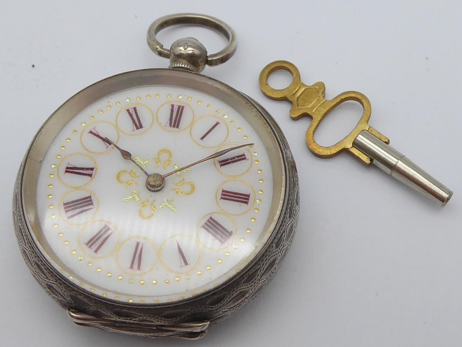 PRETTY ANTIQUE VICTORIAN SOLID SILVER FOB WATCH RUNNING ORNATE ENGRAVED CASE