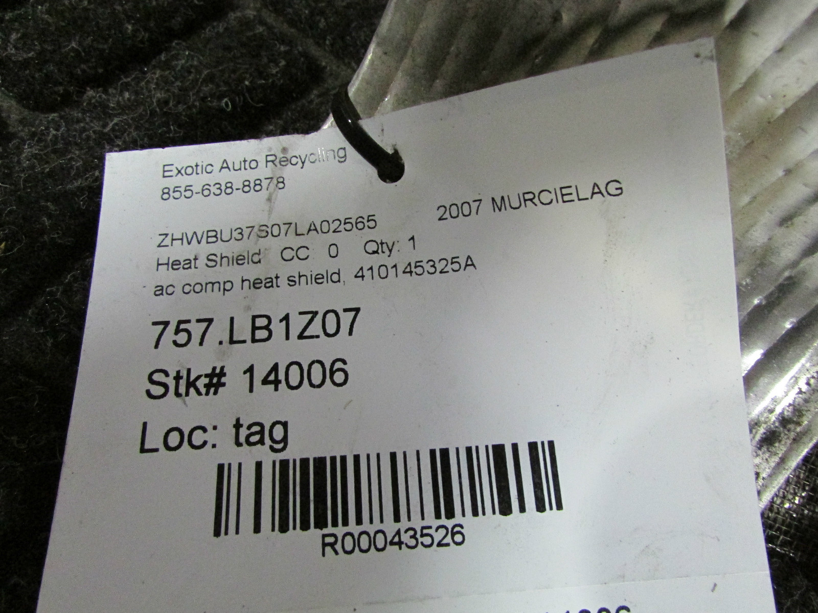 Lamborghini Murcielago, LP640, AC Compressor Heat Shield, Used, P/N 410145325A