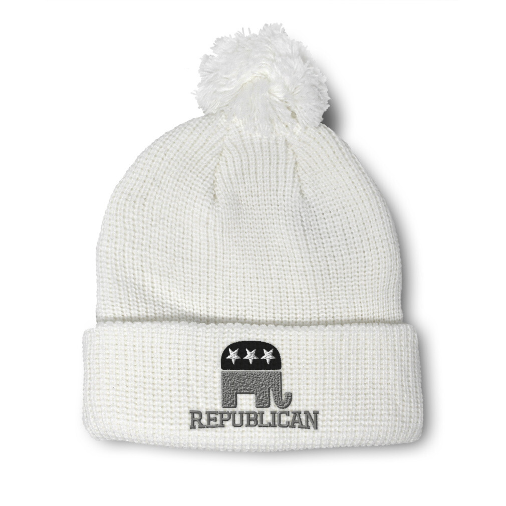 Republican Elephant Embroidered Pom Pom Beanie for Women in Greyscale