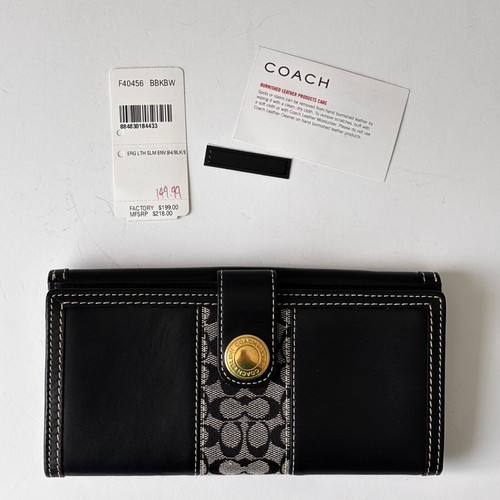 Coach Black Leather Wallet Canvas Gold Snap Button Excellent Retail $199 Long