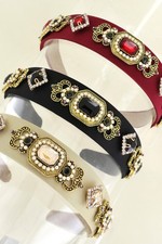 Baroque Padded Jeweled Velvet Headband Black Champagne Red - Diona J