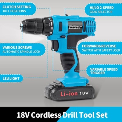 346 Pcs Tool Set 18V Electric Power Drill Kit Blue