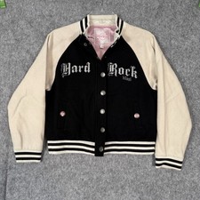 Y2K Hard Rock Cafe Varsity Bomber Jacket Womens Small Black White Rockabilly
