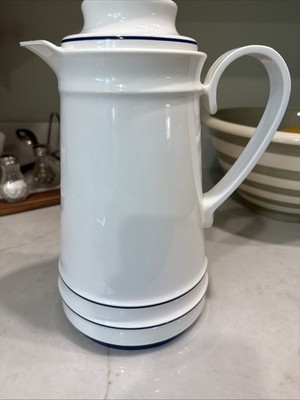 Vintage Thermos Sheree Carafe # 810 White Navy Blue Glass Lined W Germany