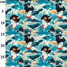 100% Cotton Poplin Japanese Geisha Blue Print Dress Fabric Material 112cm wide