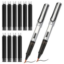 2Pcs Calligraphy Brush Pens with 10Pcs Ink Refill, Silver