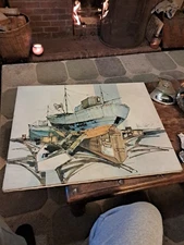 large lithograph Print Of A Fishing Boat In Dry Dock 71 X 56 Cm