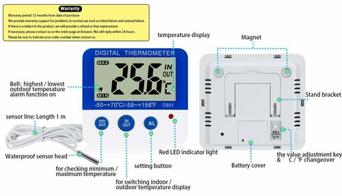 Confezione 2 Termometri Digitali Con Con Congelatore/Frigo Con Indicatore LED Allarme Memoria Min/Max - Foto 4 di 12