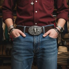 Men Fashion Belt Buckle Silver Metal Longhorns Bull Oval Filigree Cow Skull TX