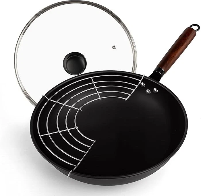 Carbon Steel Wok, 13-Inch Chinese Round Bottom Wok with lid