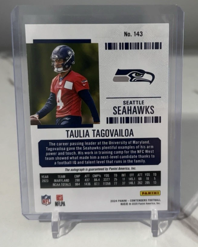 2024 Panini Contenders Taulia Tagovailoa Rookie Ticket Auto RC Seahawks #143 - Image 2 of 2