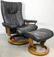 Ekornes Stressless Large WING Black Leather Swivel Recliner Chair & Ottoman