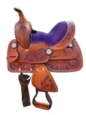 Premium Western Horse Pony Floral Tooled 8 inch Saddle With Purple Suede Seat.
