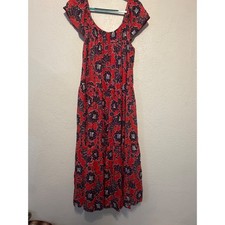 Knox Rose Red Blue Floral Batik Tiered Maxi Dress XL Flutter Sleeve Boho